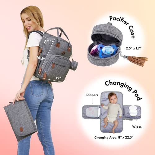 Dikaslon Diaper Bag Backpack with Portable Changing Pad, Pacifier Case and Stroller Straps, Large Unisex Baby Bags for Boys Girls, Multipurpose Travel Back Pack Moms Dads, Gray