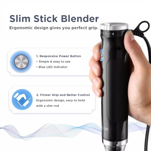 Magiccos Immersion Stick Hand Blender - 9 Speeds Contorl, Slim Stick Blender Wand, 350W DC Motor, For Shakes and Smoothies, Puree Baby Food & Soup, Whisk & Milk Frother Attachments(Black)