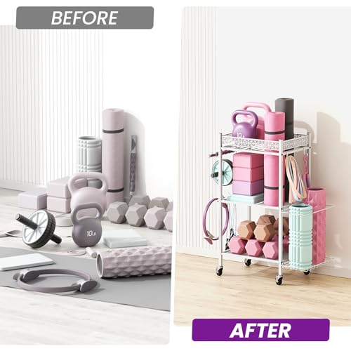 VOPEAK Yoga Mat Storage Rack, Home Gym Storage Rack Yoga Mat Holder, Workout Storage for Yoga Mat, Foam Roller, Gym Organizer Gym Equipment Storage for Home Exercise and Fitness Gear (Metal)