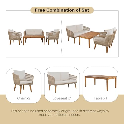 Merax 4-Piece Patio Furniture, Outdoor PE Rattan Conversation Sets 1 Loveseat, 2 Chairs and Acacia Wood Coffee Table for Backyard, Deck, Poolside, Garden, Beige Cushion + Natural Rope