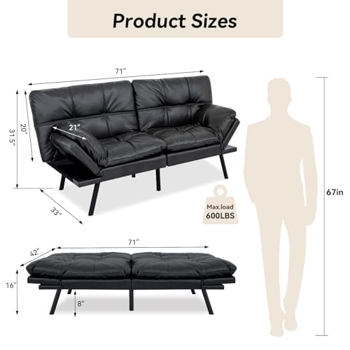 Convertible Futon Sofa Bed Couch,Memory Foam Futon Couch Bed,Loveseat Sleeper Sofa Bed,Small Splitback Faux Leather Modern Sofa Couch for Living Room,Office,Apartment,Matte Black