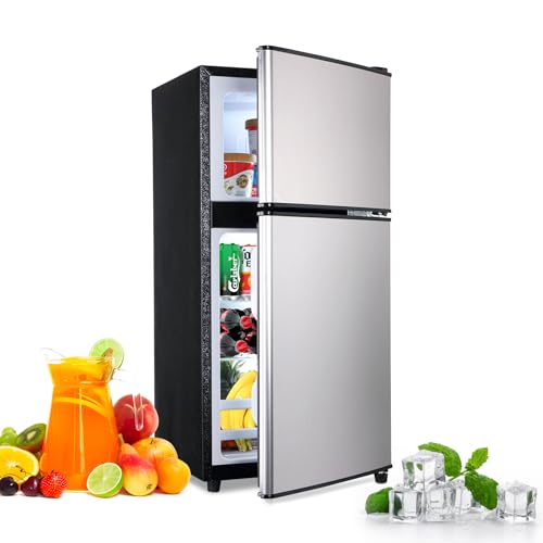 FLS-80-SILVER 3.5Cu.Ft Compact Refrigerator, Small Refrigerator with freezer, Retro Fridge with Dual Door, 7 Level Adjustable Thermostat for Garage, Dorm,Bedroom, Office, Apartment