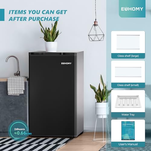 EUHOMY 3.2 Cu.Ft Mini Fridge with Freezer, Single Door Compact Refrigerator, Adjustable Thermostat, Mini Refrigerator Energy Saving, Mini fridge for Bedroom, Dorm, Office, Black.