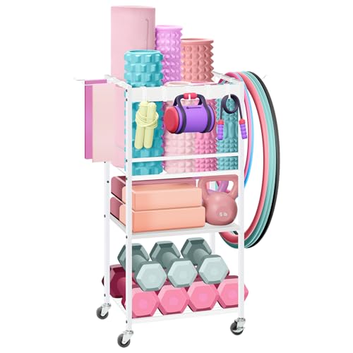 HEOMU Yoga Mat Storage Rack, Home Gym Storage Rack for Dumbbells Kettlebells, Gym Organizer Gym Equipment Storage Cart with Wheels and Hooks, Black
