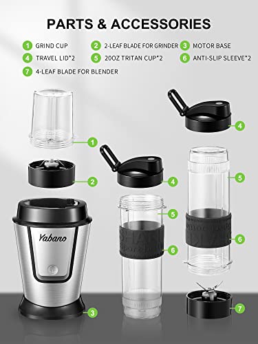 Personal Blender with 2 x 20oz Travel Bottle and Coffee/Spices Jar, Portable Smoothie Blender and Coffee Grinder in One, 500W Single Serve Blender for Shakes and Smoothies, BPA free(Black)