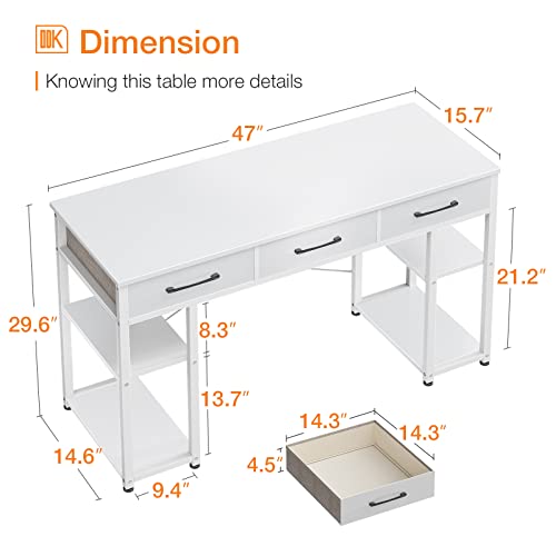 ODK 47" Small Office Computer Desk: Home Table with Drawers Wood Storage Shelves, Modern Work Writing Desk, White + White Leg