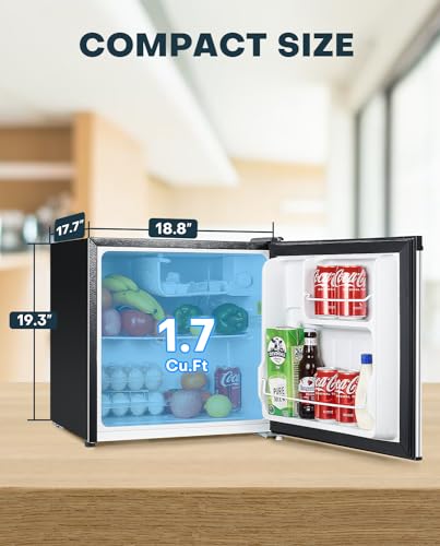 Upstreman 1.7 Cu.ft Mini Fridge with Freezer, Adjustable Thermostat, Energy Saving, Low Noise, Single Door Compact Refrigerator for Dorm, Office, Bedroom, Stainless- FR17