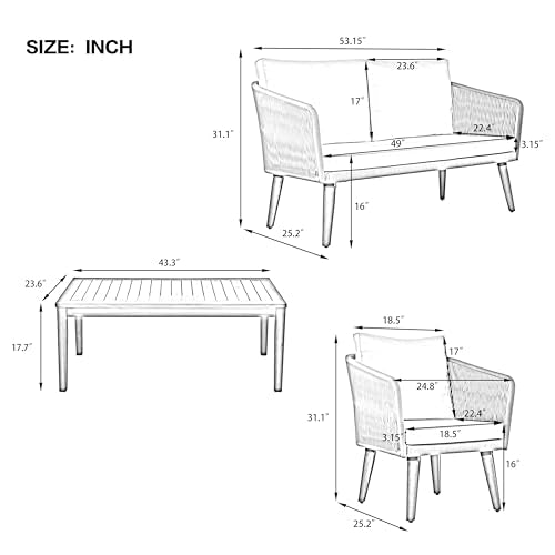 Merax 4-Piece Patio Furniture, Outdoor PE Rattan Conversation Sets 1 Loveseat, 2 Chairs and Acacia Wood Coffee Table for Backyard, Deck, Poolside, Garden, Beige Cushion + Natural Rope