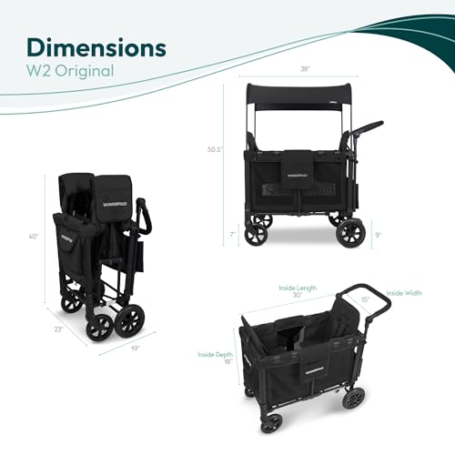 WONDERFOLD W2 Original Double Stroller Wagon Featuring 2 High Seats with 5-Point Harnesses, Easy-Access Front Zipper Door, and Removable UV-Protection Canopy, Black