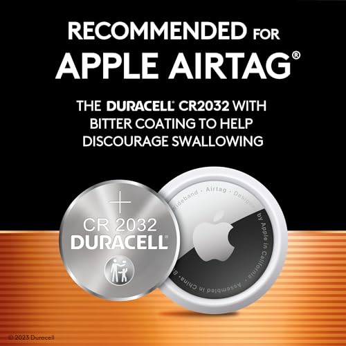 Duracell 2032 Lithium Battery. 4 Count Pack. Child Safety Features. Compatible with Apple AirTag, Key Fob, and other devices. CR2032 Lithium 3V Cell. 2032 Battery, Lithium Coin Battery