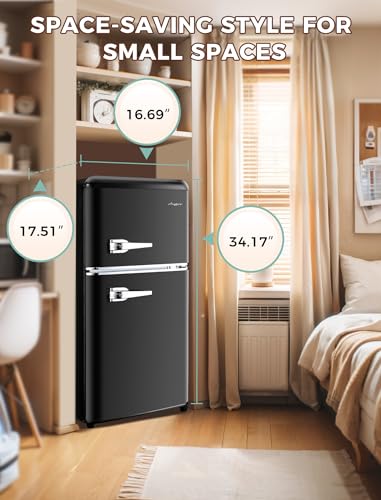 3.2 Cu.Ft Compact Refrigerator Mini Fridge with Freezer, Retro Double Door Small Fridge, 7 Level Thermostat Removable Shelves, Small Refrigerator for Dorm, Office, Bedroom, Black