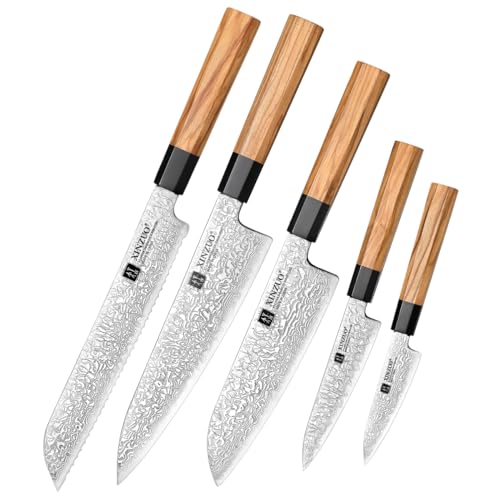 XINZUO 5 Pieces Kitchen Knife Set without Block, Hand Forged 67 Layers Damascus Steel Professional Chef Knife Set, Ultra Sharp,Olive Wood Octagonal Handle, Gift Box