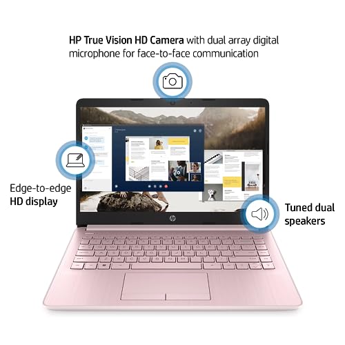 HP Portable Laptop (Include 1 Year Microsoft 365), 14’’ HD Display, 8GB RAM, 64GB eMMC, Intel Quad-Core N4120, Student and Business, Webcam, HDMI, Wi-Fi, RJ-45, Windows 11 Home, Pink