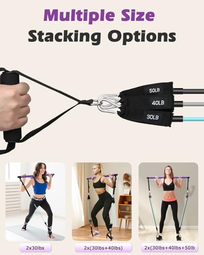 Zacro Pilates Bar with Resistance Bands, Pilates Bar with Ab Roller for Abs Workout, with 30/40/50 LBS Resistance Bands, Portable Home Gym Yoga Pilates Bar Kit for Full Body Workouts for Women and Men
