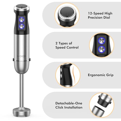 KOIOS 1000W Immersion Hand Blender, Upgrated 5-in-1 Handheld Blender, Full Copper Motor, Titanium Enhanced Blender Shaft, 12-Speeds, 600ml Mixing Beaker, 500ml Chopper, Whisk & Milk Frother