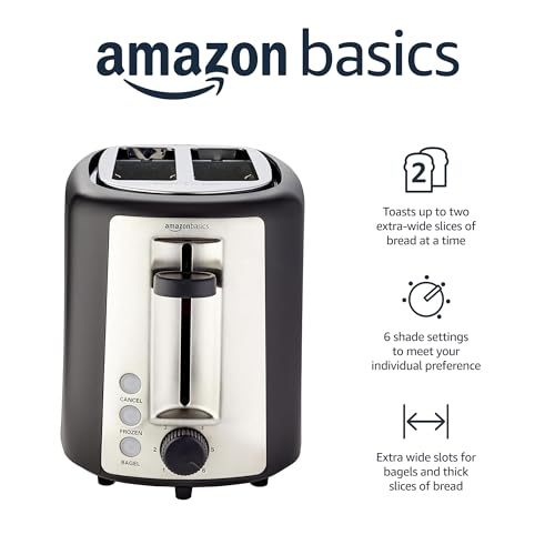 Amazon Basics 2 Slice, Extra-Wide Slot Toaster with 6 Shade Settings, Black & Silver