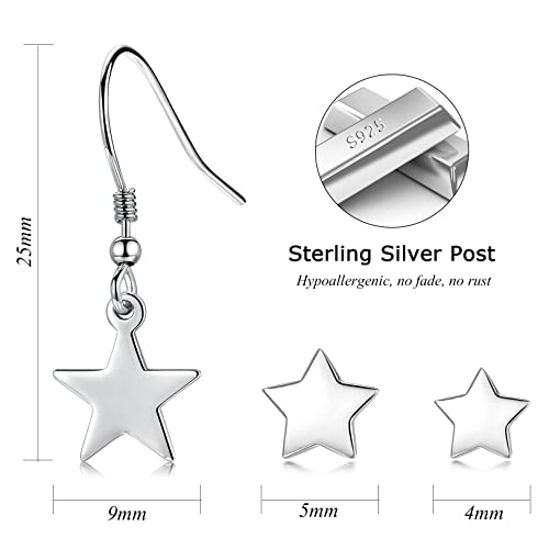 3 Pairs 925 Sterling Silver Star Stud Earrings for Women,Tiny Simple Geometric Stud Earrings Set Small Hypoallergenic Cartilage Tragus Ear Jewellery for Men Girls (3/4/5mm)