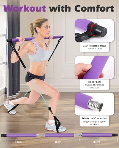 Zacro Pilates Bar with Resistance Bands, Pilates Bar with Ab Roller for Abs Workout, with 30/40/50 LBS Resistance Bands, Portable Home Gym Yoga Pilates Bar Kit for Full Body Workouts for Women and Men