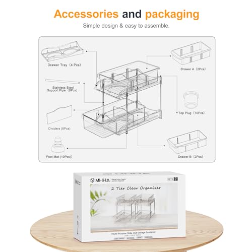 2 Pack Bathroom Cabinet Organizer, 2 Tier Clear Under Sink Organizers and Storage Medicine Cabinet Organizer with Dividers, Pull Out Kitchen Pantry Shelf Cupboard Closet Vanity Organization Bins