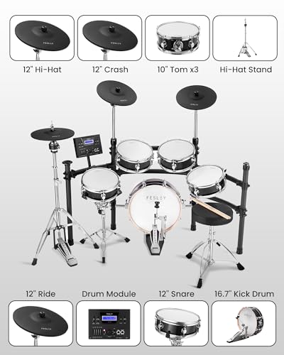 Fesley Electric Drum Set with Independent Kick Snare Drum HiHat Cymbal: Real Sample Sound Source, Bluetooth Electronic Drum Set with Dual Zone Mesh Drum Pad, Three Zone Cymbal Full Size Adult Drum Set