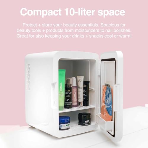 Cooluli Glow 10L Mini Skincare Fridge with Mirror & LED Light - Small Refrigerator for Skin Care, Makeup, Beauty, Cosmetics, Food & Drinks, White