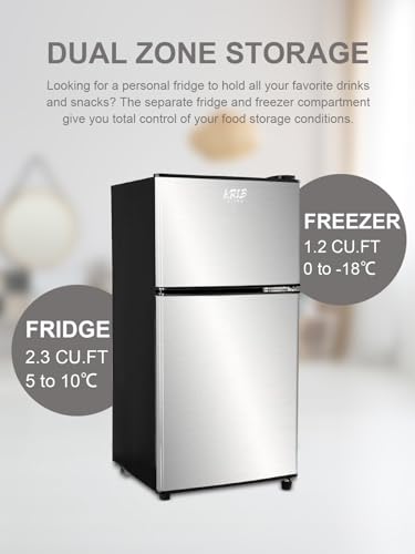 KRIB BLING Refrigerator with Freezer 3.5 Cu.Ft with 7 Level Adjustable Thermostat Control 2 Door Energy Saving Top-Freezer Compact Refrigerator Silver