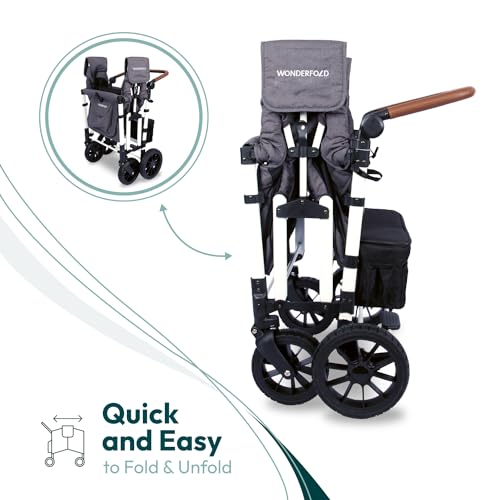 WONDERFOLD W4 Luxe Quad Stroller Wagon (4 Seater) - Collapsible Wagon Stroller with Seats with Magnetic Buckle 5-Point Harnesses and Adjustable Sun Canopy, Charcoal Gray-White Frame