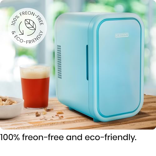 Iceman Portable Mini Fridge - Fits 8 x 12 oz Cans, Cooler and Heater Mini Fridge for Bedroom, Car, Office, Dorm and Skincare, AC/DC Car Plug-Compatible - Blue