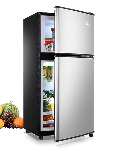 KRIB BLING Mini Fridge With Freezer,3.5 Cu. Ft Refrigerator With 2 Doors,7- Level Adjustable Thermostat, Removable Glass Shelves For Bedroom, Office, Kitchen, Apartment, Dorm, Silver