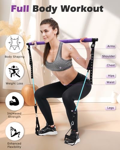 Zacro Pilates Bar with Resistance Bands, Pilates Bar with Ab Roller for Abs Workout, with 30/40/50 LBS Resistance Bands, Portable Home Gym Yoga Pilates Bar Kit for Full Body Workouts for Women and Men