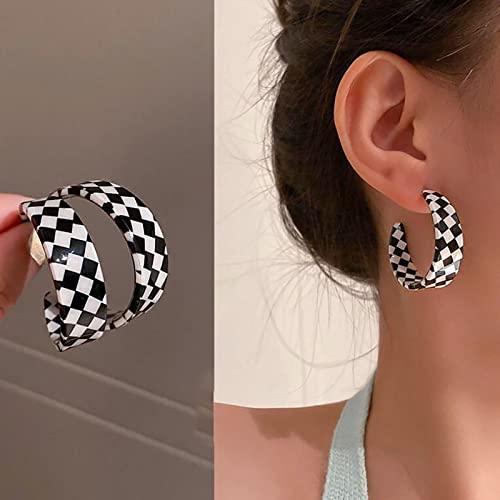 Vintage Black White Striped Earrings Acrylic Checkered Earrings Checkerboard Dangle Earrings Striped Checkered Hoop Earrings Jewellery for Women and Girls