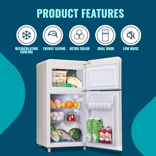 WANAI Small Refrigerator with Freezer 3.5 Cu.Ft Mini Fridge for Bedroom Dual Door Adjustable Shelves Dorm Refrigerator Suitable for Home Garage Office College Cream White