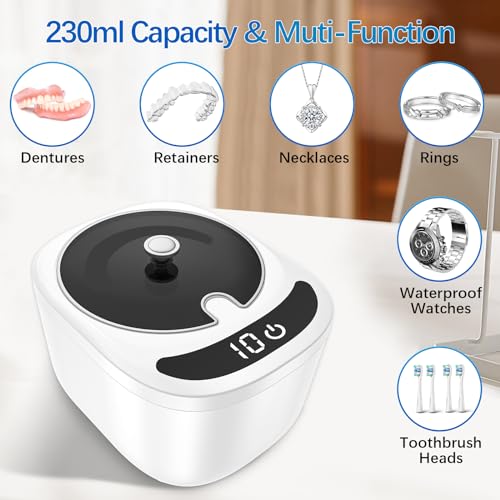 Ultrasonic Retainer Cleaner Machine - Raccomb 45kHz LED Light Ultrasonic Cleaner for Dentures, Aligner, Mouth Guard, Night Guard Cleaner, 230mL Sonic Cleaning Machine for Jewelry, Dental Appliances