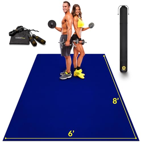 ActiveGear Large Exercise Mat 8 x 6 ft 7mm Thick Premium Ultra-Durable Non-Slip Rubber Workout Mat for Home Gym Flooring | Ideal for Cardio, Fitness, Plyo | Bonus Jump Rope and Storage Bag Included