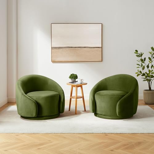 Swivel Barrel Chair, Upholstered Modern Round Accent Arm Chairs, 360° Swivel Single Sofa Armchair for Living Room and Bedroom, Green Velvet