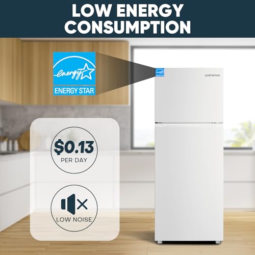 Upstreman 14.7 Cu.Ft. Double Door Fridge in White Steel with Large Capacity Top Freezer, Frost Free, Adjustable Thermostat Control, Fingerprint-resistant,Reversible Door Swing, ENERGY STAR