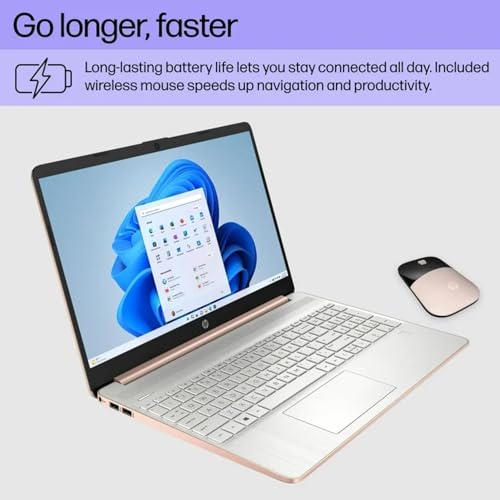 hp Newest 15.6 Laptop with Wireless Mouse and Fingerprint Reader, 16GB RAM, 256GB Storage(128GB SSD with 128GB Portable Drive), AMD Ryzen 3 Core, Long-Lasting Battery, Win11, Rose Gold
