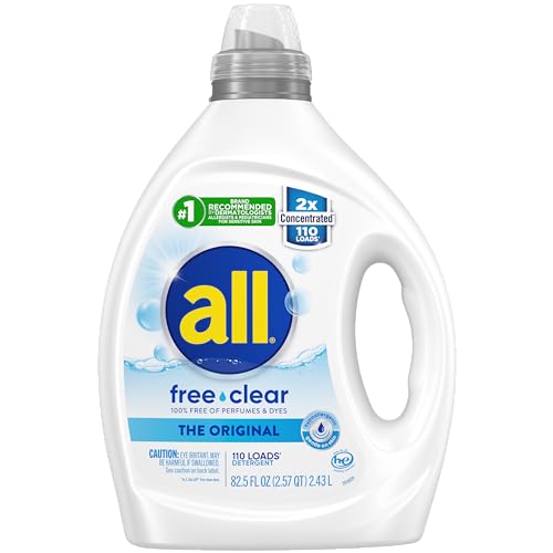 all Liquid Laundry Detergent, Free Clear for Sensitive Skin, Unscented and Hypoallergenic, 2X Concentrated, 110 Loads