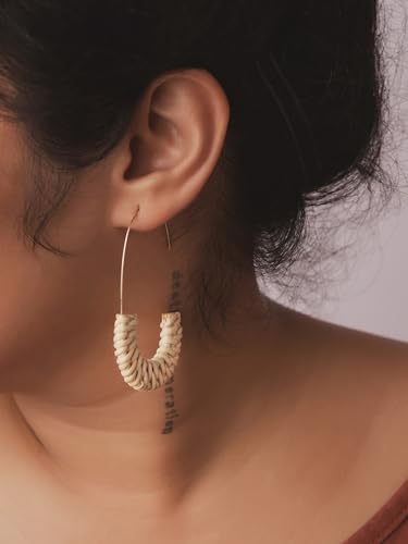Boho Ethnic Handcrafted Wood Rattan Geometric Dangle Drop Earrings, Bohemian Summer Beach Statement Jewelry Gift for Women