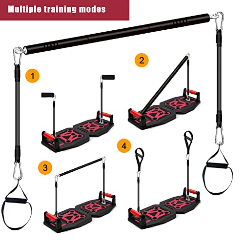 Home Gym Exercise Equipment - Portable Workout System 17 Fitness Accessories 9 in1 Push Up Board Set, Resistance Bands with Pilates Bar Strength Training Abs Shoulders Back Butt
