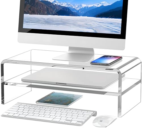 Clear Acrylic Monitor Stand Riser 2 Tier, 5.12 Inches High Clear Computer Desk Organizer Shelf for Multi Media PC Storage Laptop