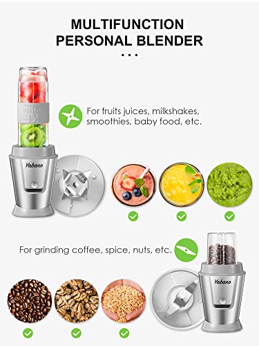 Personal Blender with 2 x 20oz Travel Bottle and Coffee/Spices Jar, Portable Smoothie Blender and Coffee Grinder in One, 500W Single Serve Blender for Shakes and Smoothies, BPA free, by Yabano (Grey)