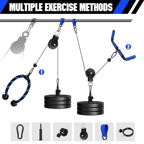 Fitness LAT and Lift Pulley System Gym - Upgraded LAT Pull Down Cable Machine Attachments, Loading Pin, Handle and Tricep Rope, for Biceps Curl, Forearm, Triceps Exercise Gym Equipment