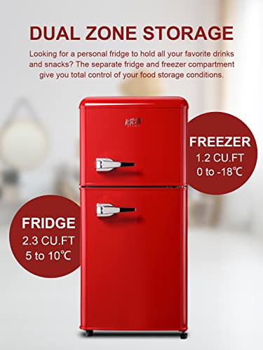 KRIB BLING 3.5 Cu.Ft Refrigerator 2 Door 7 Level Adjustable Thermostat Control Top-Freezer Refrigerator Lock Fresh Energy Saving Red