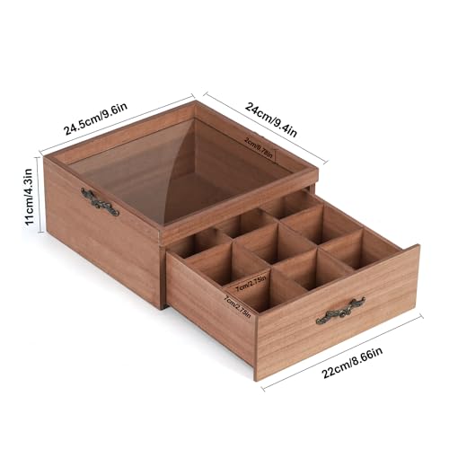 Wooden Tea Bag Storage Organizer: 9-Compartment Tea Box with Glass Window, equipped with a Storage Tray, Multi-Functional Tea Box and Storage Organizer, Great Gift Ideas,Cool Preppy Stuff & Room Decor