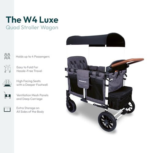 WONDERFOLD W4 Luxe Quad Stroller Wagon (4 Seater) - Collapsible Wagon Stroller with Seats with Magnetic Buckle 5-Point Harnesses and Adjustable Sun Canopy, Charcoal Gray-White Frame