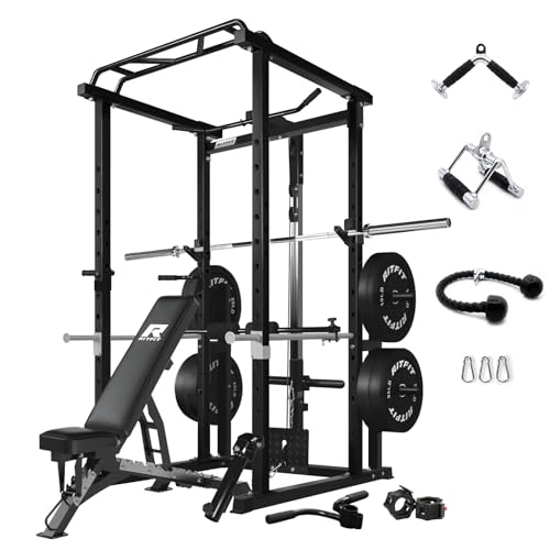 RitFit Power Cage with Optional LAT PullDown/Cable Crossover/Smith Machine System, 1000LB Squat Rack for Home & Garage Gym, with Weight Storage Rack and More Training Attachments, ASTM-Certified