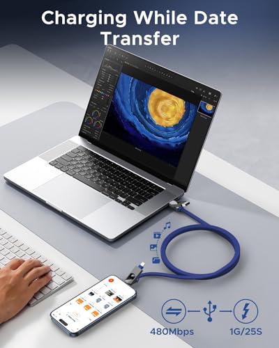 4 in 1 USB C Cable Lightning Cable PD 60W/3A Fast Charging & Data Sync Flat Braide Multi Charging Cable Lightning/Type C/USB A Ports for iPhone 15/15 Pro/15 Plus/15 PM iPad MacBook Samsung, 5ft Blue