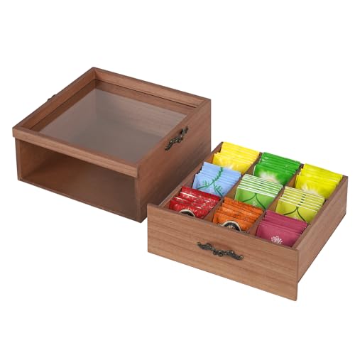 Wooden Tea Bag Storage Organizer: 9-Compartment Tea Box with Glass Window, equipped with a Storage Tray, Multi-Functional Tea Box and Storage Organizer, Great Gift Ideas,Cool Preppy Stuff & Room Decor