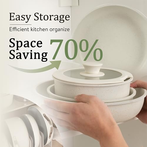 CAROTE 11pcs Pots and Pans Set Non Stick, Cookware Sets Detachable Handle, Induction RV Kitchen Set Removable Handle, Oven Safe, Cream White